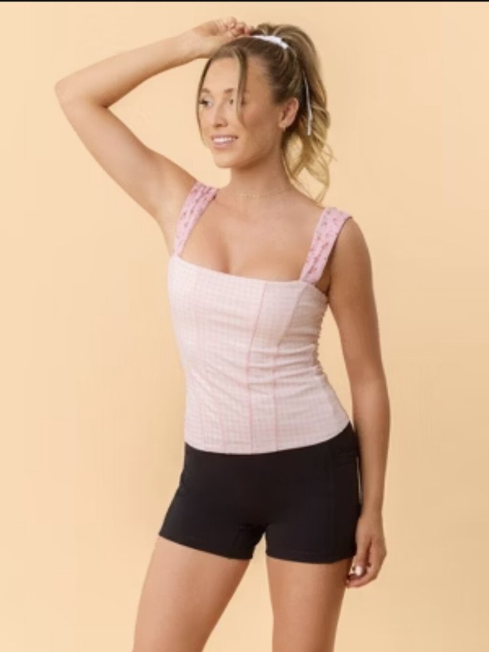 NWT Blogilates Tiny Bows Corset Tank - Pink Gingham Print